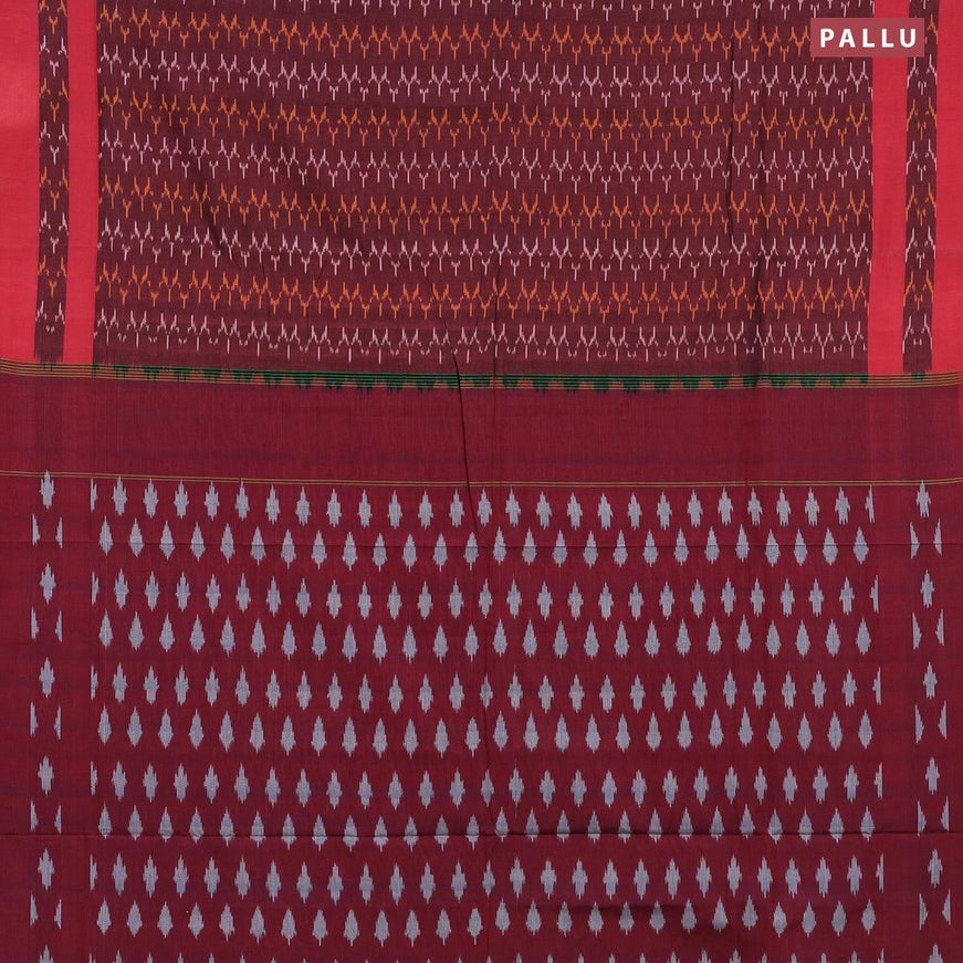 Ikat cotton saree maroon and red with allover ikat weaves and simple border without blouse