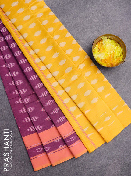 Ikat cotton saree purple and dual shade of pinkish yellow with ikat butta weaves and simple border without blouse