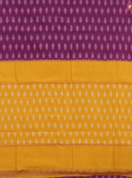 Ikat cotton saree purple and dual shade of pinkish yellow with ikat butta weaves and simple border without blouse