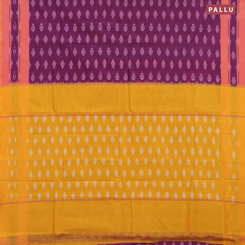 Ikat cotton saree purple and dual shade of pinkish yellow with ikat butta weaves and simple border without blouse