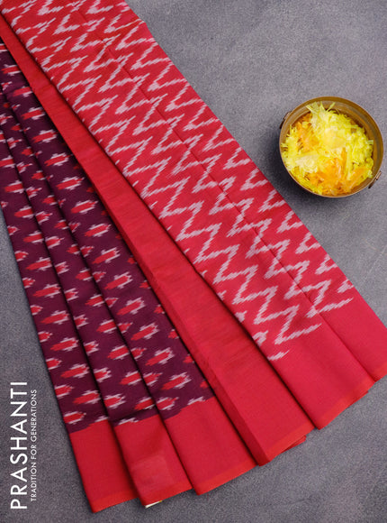 Ikat cotton saree purple and pink with ikat butta weaves and simple border without blouse