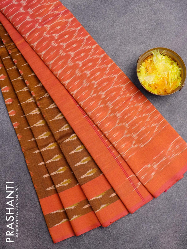 Ikat cotton saree dark mustard and dual shade of pink with ikat butta weaves and simple border without blouse