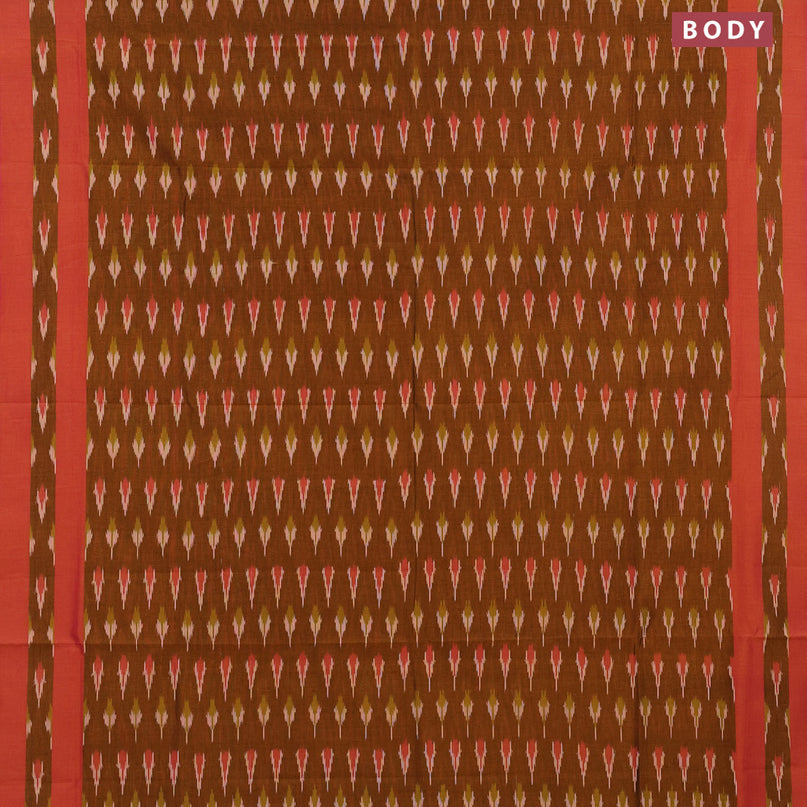 Ikat cotton saree dark mustard and dual shade of pink with ikat butta weaves and simple border without blouse