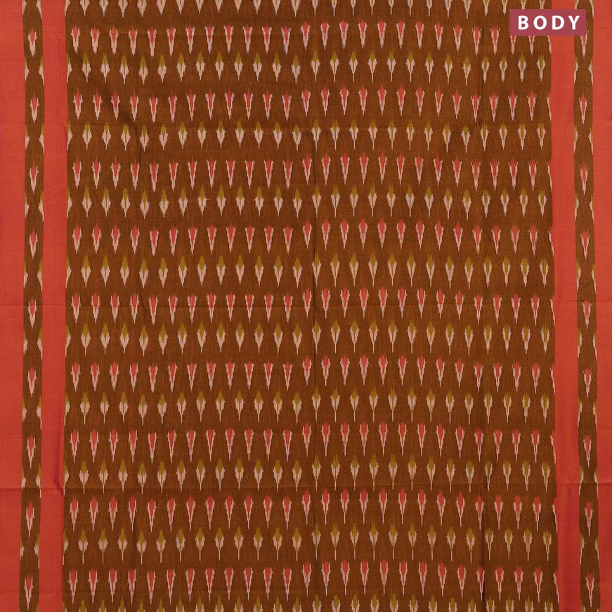 Ikat cotton saree dark mustard and dual shade of pink with ikat butta weaves and simple border without blouse