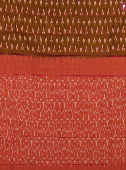 Ikat cotton saree dark mustard and dual shade of pink with ikat butta weaves and simple border without blouse