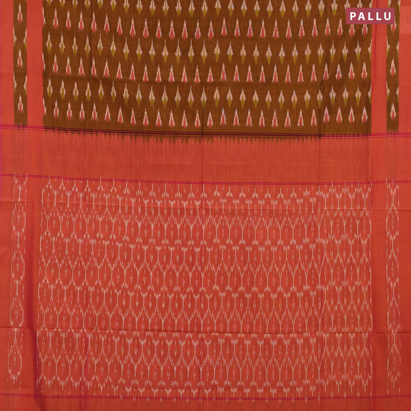 Ikat cotton saree dark mustard and dual shade of pink with ikat butta weaves and simple border without blouse