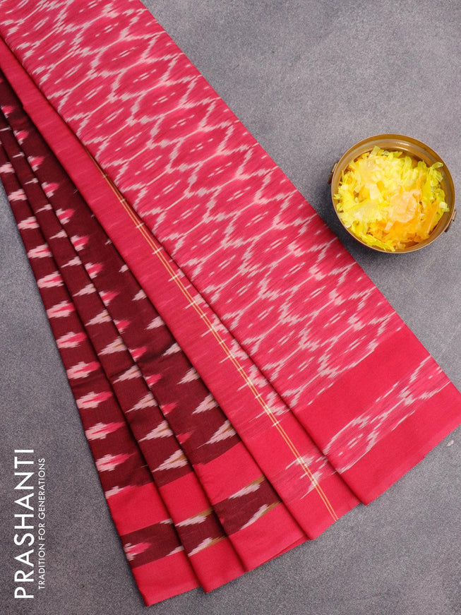 Ikat cotton saree dark magenta pink and pink with ikat butta weaves and simple border without blouse