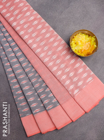 Ikat cotton saree grey and red shade with ikat butta weaves and simple border without blouse