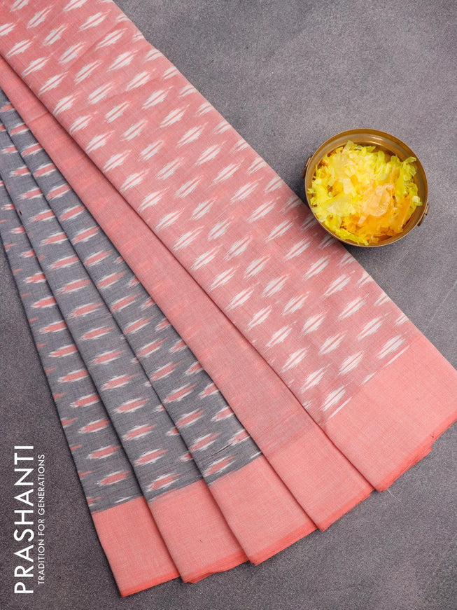 Ikat cotton saree grey and red shade with ikat butta weaves and simple border without blouse