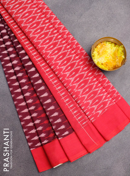 Ikat cotton saree dark magenta pink and pink with ikat butta weaves and simple border without blouse