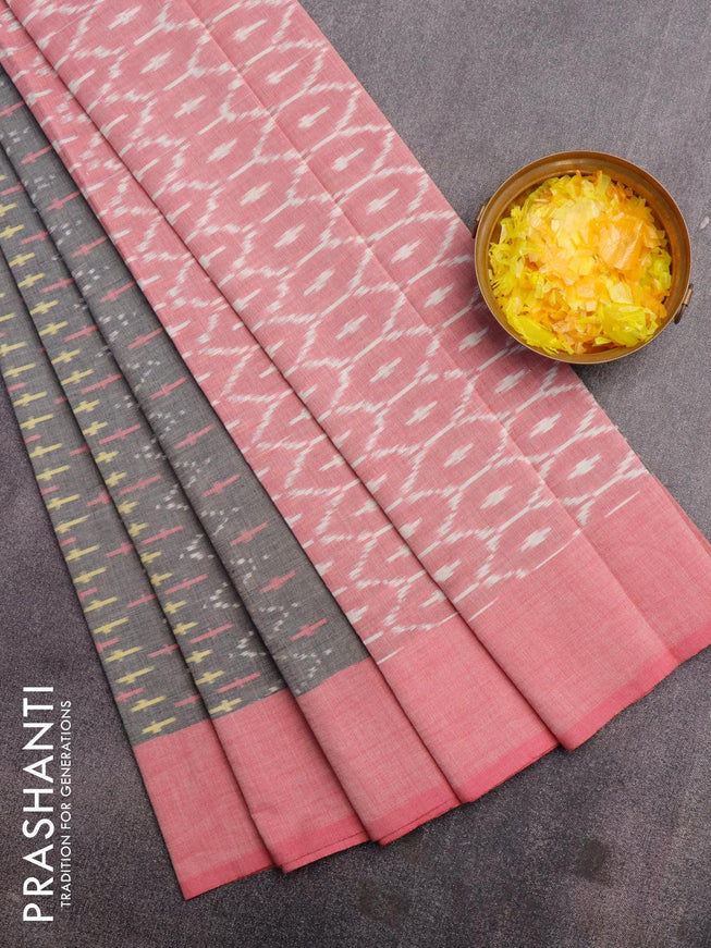 Ikat cotton saree grey and light pink with allover ikat weaves and simple border without blouse