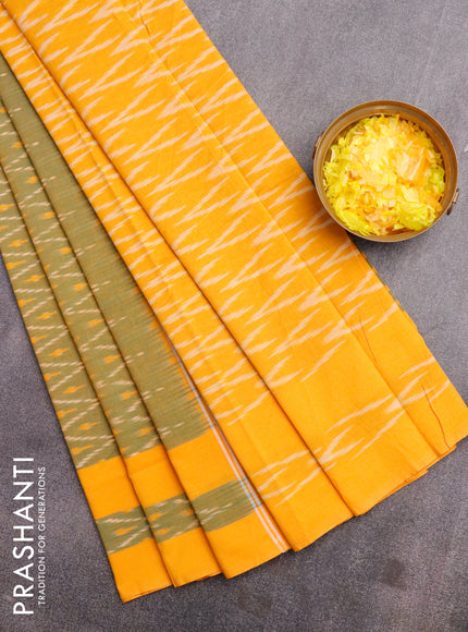 Ikat cotton saree green shade and mango yellow with allover ikat weaves and simple border without blouse