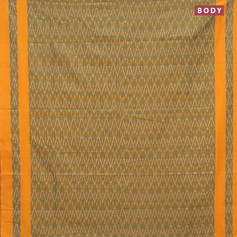 Ikat cotton saree green shade and mango yellow with allover ikat weaves and simple border without blouse