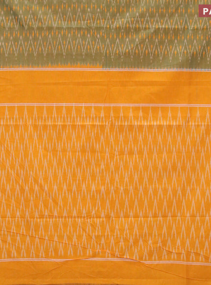 Ikat cotton saree green shade and mango yellow with allover ikat weaves and simple border without blouse