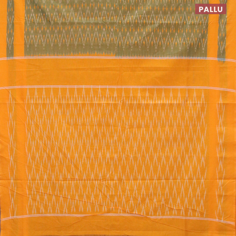 Ikat cotton saree green shade and mango yellow with allover ikat weaves and simple border without blouse