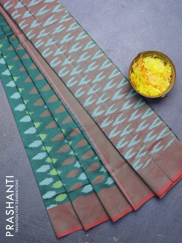 Ikat cotton saree green shade and maroon shade with ikat butta weaves and simple border without blouse