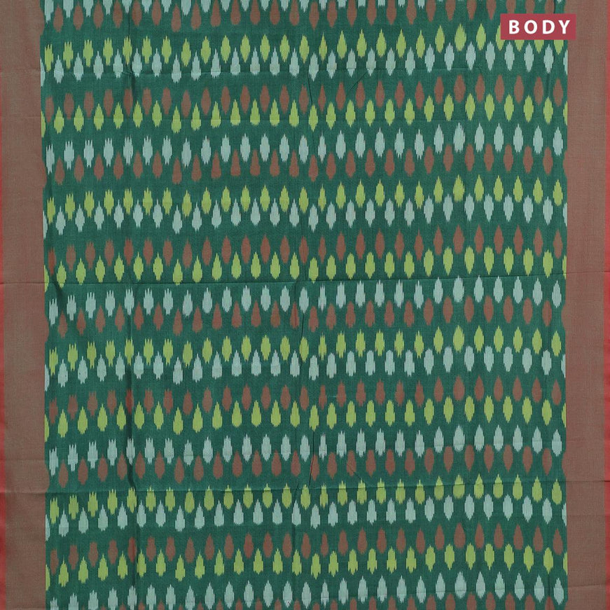 Ikat cotton saree green shade and maroon shade with ikat butta weaves and simple border without blouse