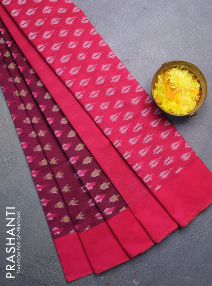 Ikat cotton saree dark magenta pink and pink with ikat butta weaves and simple border without blouse