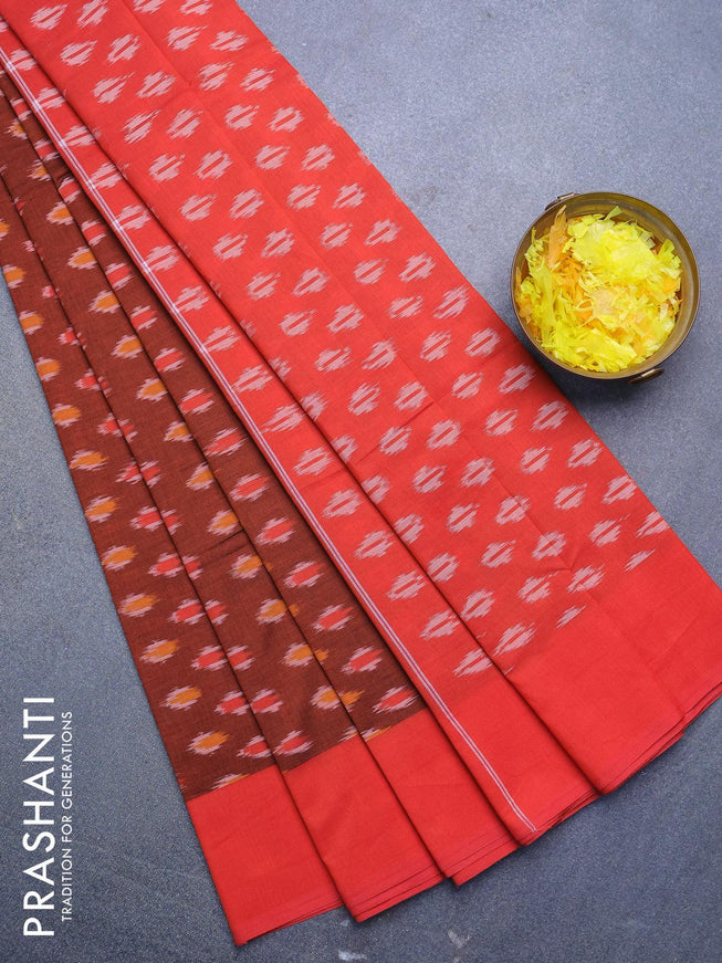 Ikat cotton saree rust shade and pinkish orange with ikat butta weaves and simple border without blouse