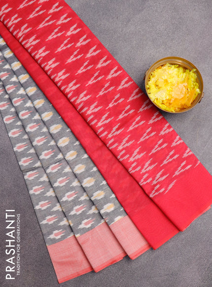 Ikat cotton saree grey and red with ikat butta weaves and simple border without blouse