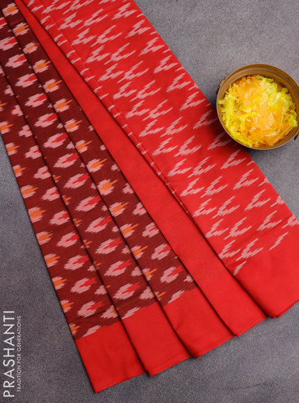 Ikat cotton saree maroon and red with ikat butta wevaes and simple border without blouse