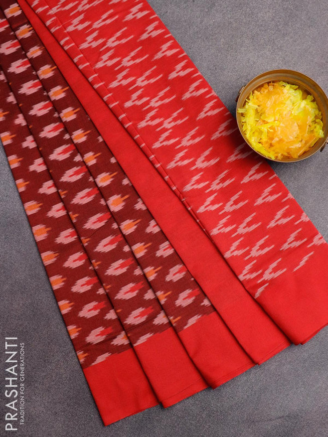 Ikat cotton saree maroon and red with ikat butta wevaes and simple border without blouse