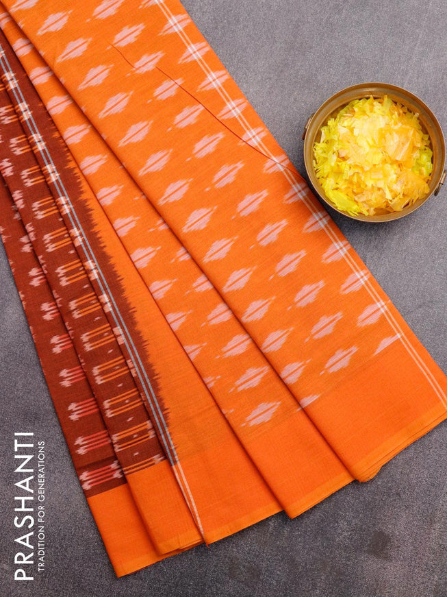 Ikat cotton saree maroon shade and sunset orange with ikat butta wevaes and simple border without blouse