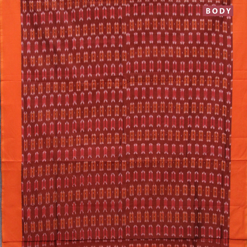 Ikat cotton saree maroon shade and sunset orange with ikat butta wevaes and simple border without blouse