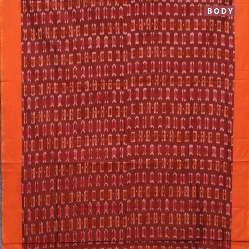 Ikat cotton saree maroon shade and sunset orange with ikat butta wevaes and simple border without blouse