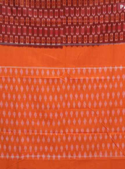 Ikat cotton saree maroon shade and sunset orange with ikat butta wevaes and simple border without blouse