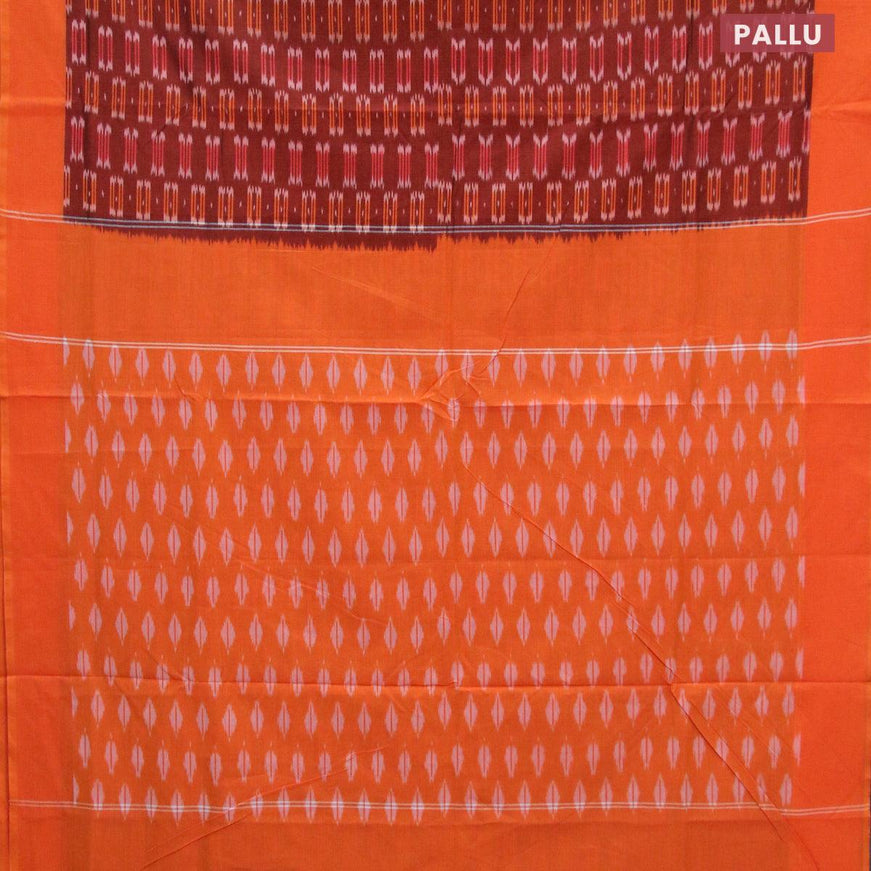 Ikat cotton saree maroon shade and sunset orange with ikat butta wevaes and simple border without blouse