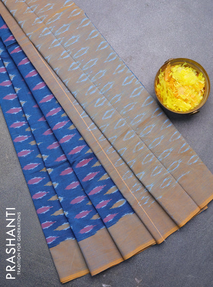 Ikat cotton saree peacock blue and mustard yellow with ikat butta wevaes and simple border without blouse