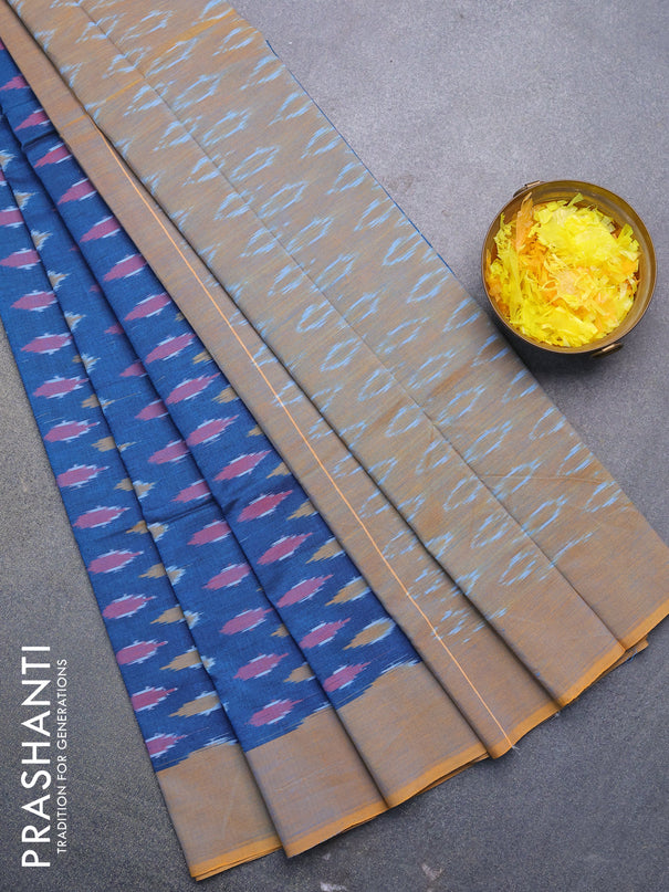 Ikat cotton saree peacock blue and mustard yellow with ikat butta wevaes and simple border without blouse