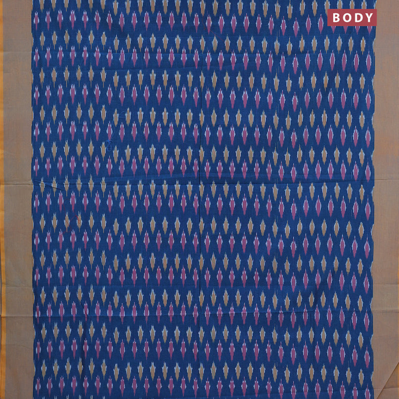 Ikat cotton saree peacock blue and mustard yellow with ikat butta wevaes and simple border without blouse