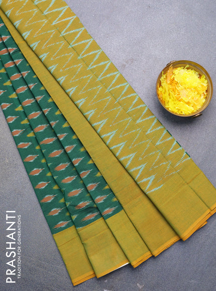 Ikat cotton saree green and mustard yellow with ikat butta wevaes and simple border without blouse