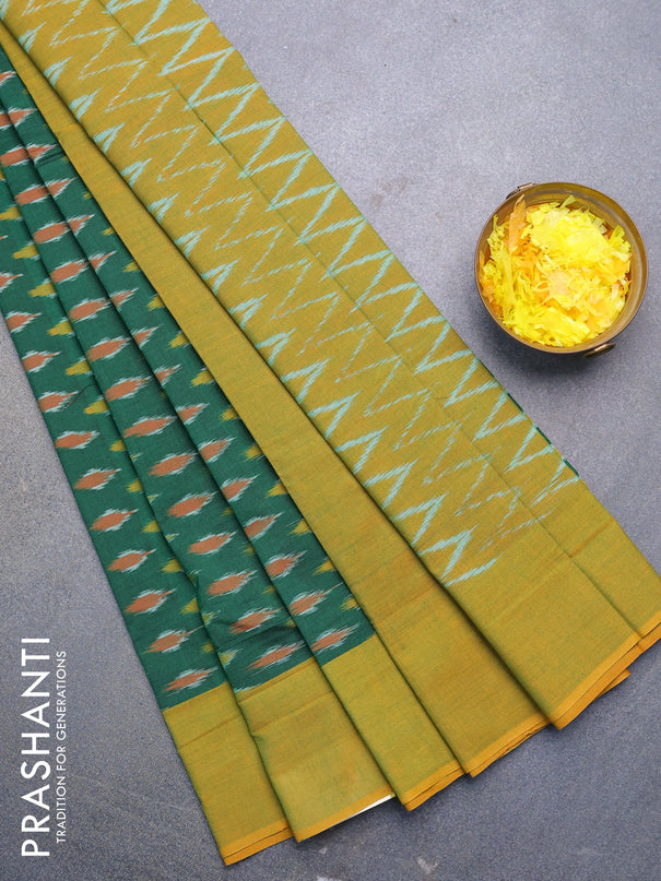 Ikat cotton saree green and mustard yellow with ikat butta wevaes and simple border without blouse