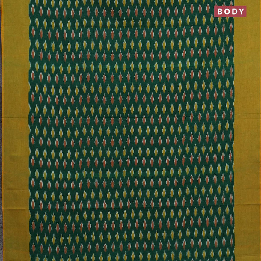 Ikat cotton saree green and mustard yellow with ikat butta wevaes and simple border without blouse