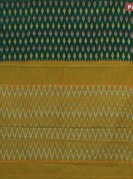 Ikat cotton saree green and mustard yellow with ikat butta wevaes and simple border without blouse