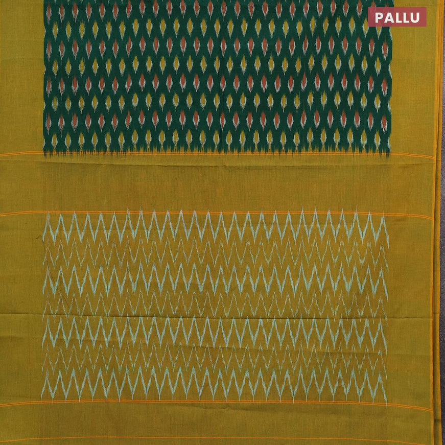 Ikat cotton saree green and mustard yellow with ikat butta wevaes and simple border without blouse