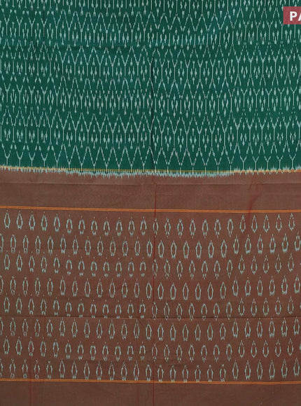 Ikat cotton saree green and red shade with allover ikat weaves and simple border without blouse