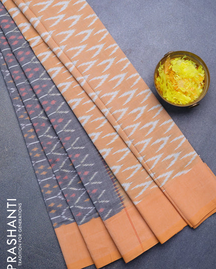 Ikat cotton saree grey and yellow with allover ikat weaves and simple border without blouse