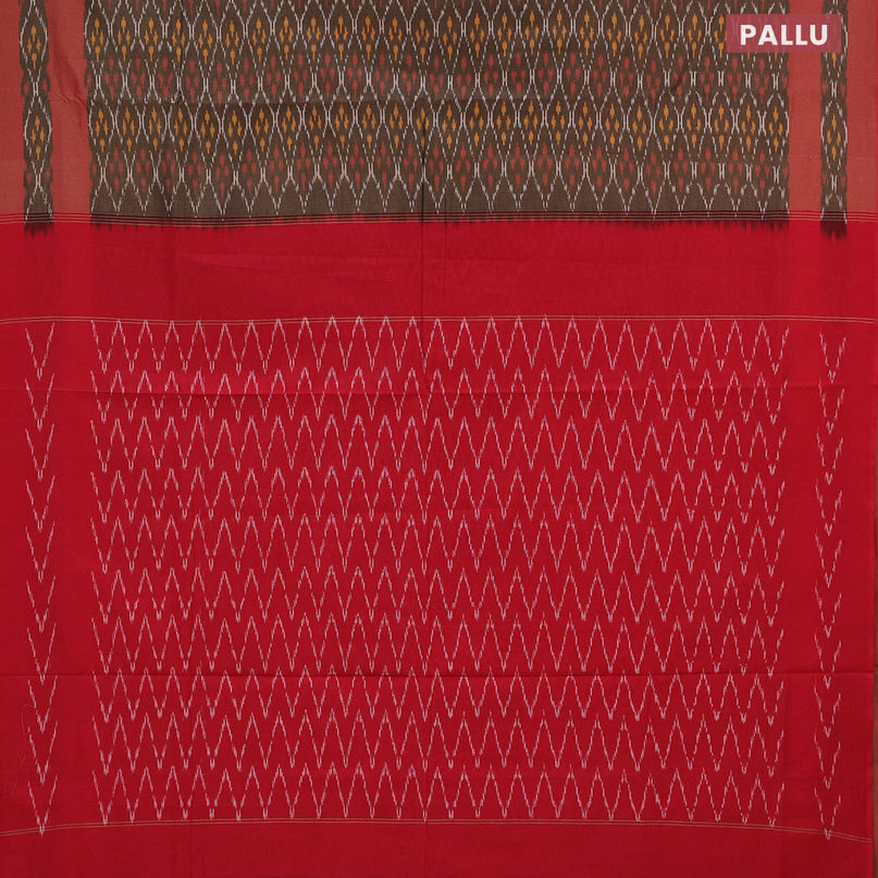 Ikat cotton saree grey shade and red with allover ikat weaves and simple border without blouse