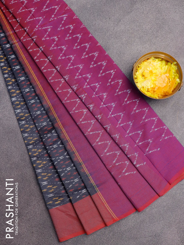 Ikat cotton saree grey and maroon with allover ikat weaves and simple border without blouse