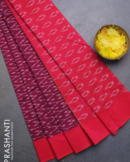 Ikat cotton saree dark magenta pink and pink with allover ikat weaves and simple border without blouse