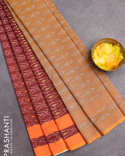 Ikat cotton saree maroon shade and orange with allover ikat weaves and simple border without blouse