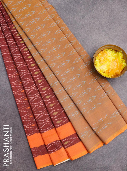 Ikat cotton saree maroon shade and orange with allover ikat weaves and simple border without blouse