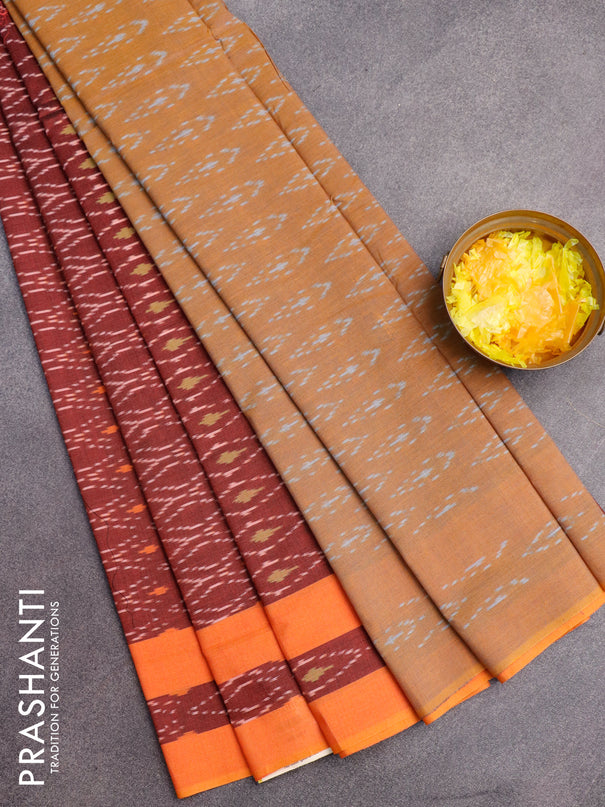 Ikat cotton saree maroon shade and orange with allover ikat weaves and simple border without blouse