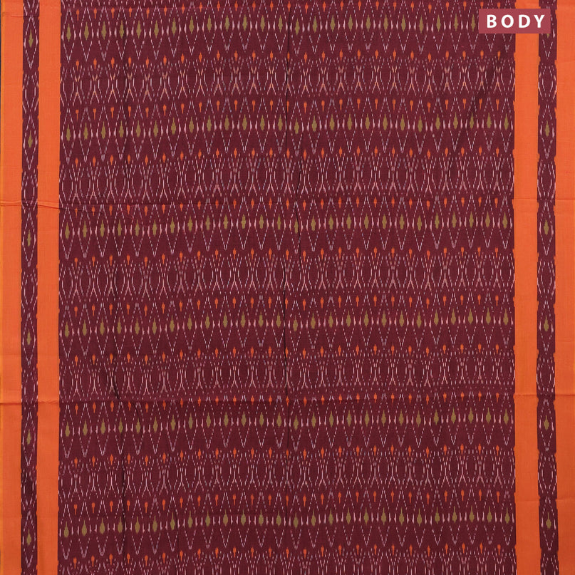 Ikat cotton saree maroon shade and orange with allover ikat weaves and simple border without blouse