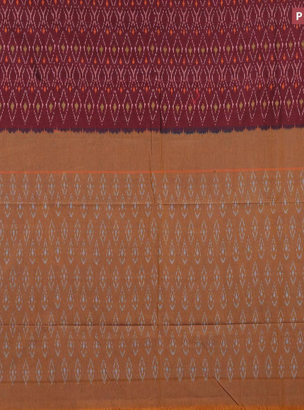 Ikat cotton saree maroon shade and orange with allover ikat weaves and simple border without blouse