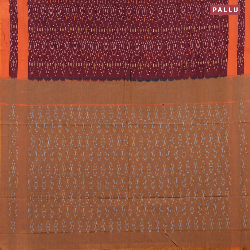 Ikat cotton saree maroon shade and orange with allover ikat weaves and simple border without blouse